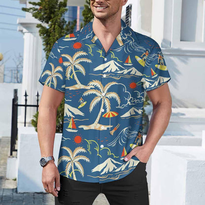 Man wearing a short sleeve tropical print shirt with palm trees, surfers, and sailboats outdoors