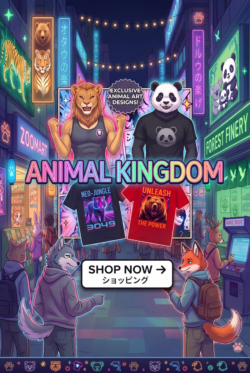 A colorful promotional graphic for an animal-themed apparel collection titled 'ANIMAL KINGDOM'. The design features anthropomorphic animals in a neon-lit street scene, including a lion in a pink tank top, a panda in a black shirt, a wolf in a gray hoodie, and an orange fox in a blue jacket.