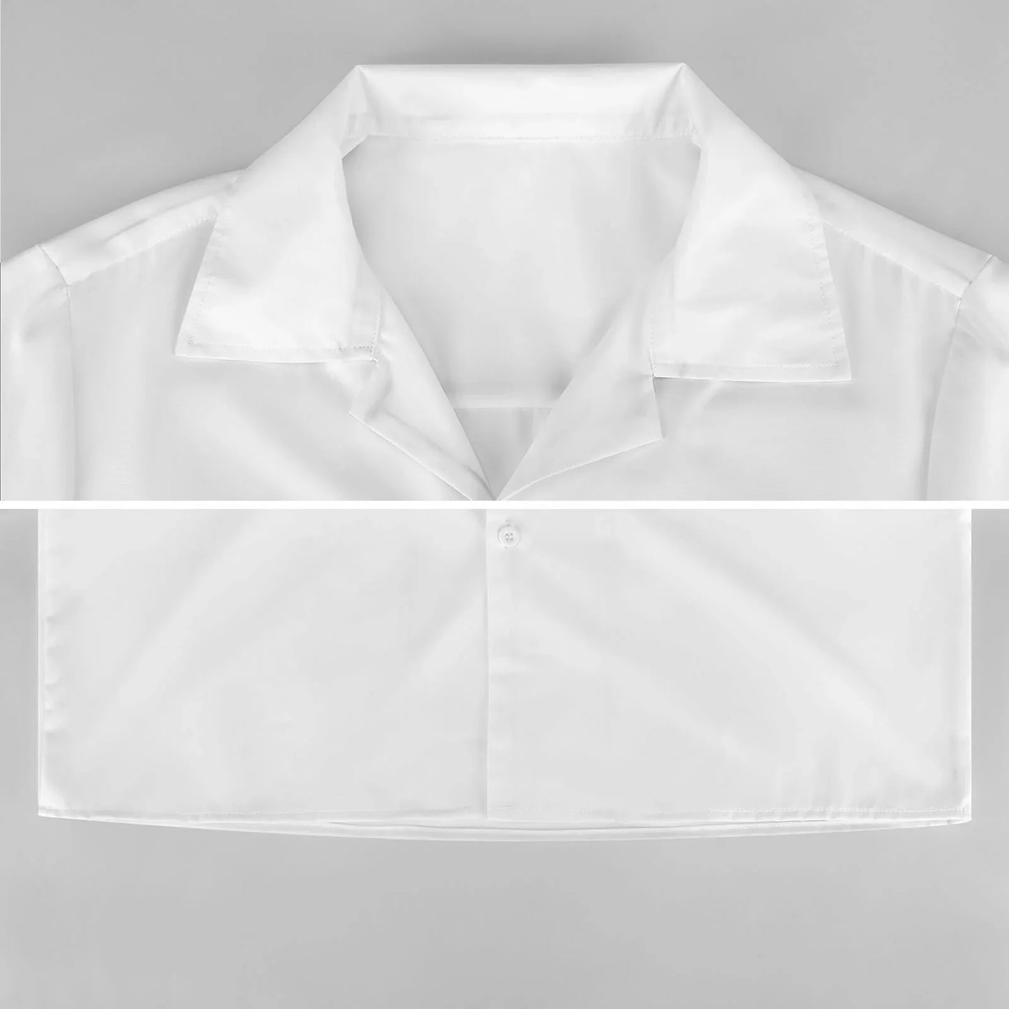 White detachable shirt collar accessory with button, displayed on flat grey background.