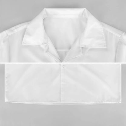 White detachable shirt collar accessory with button, displayed on flat grey background.