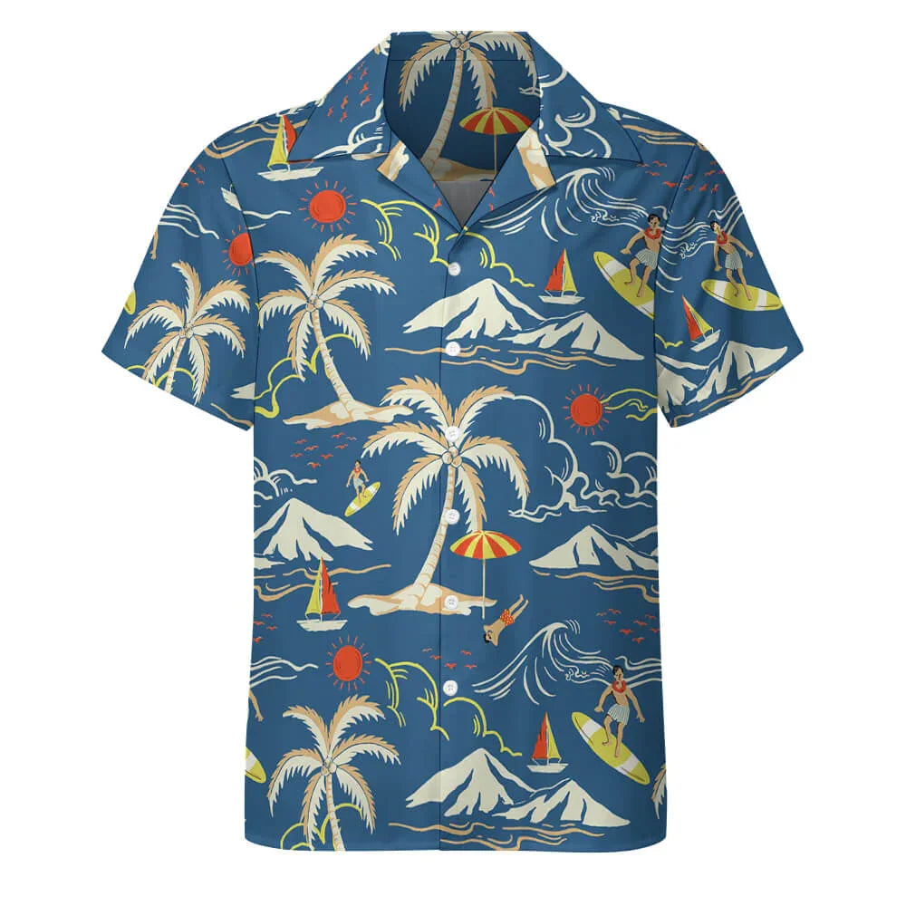 Blue short-sleeve shirt with tropical beach print, palm trees, surfers, waves, and sunshine.