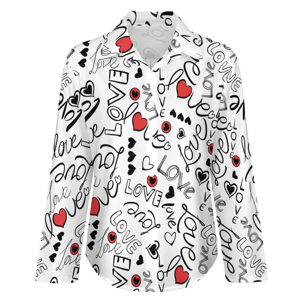 White long sleeve shirt with black and red love and heart pattern, casual top design