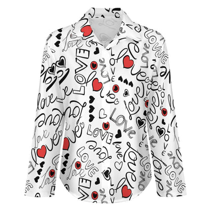 White long sleeve shirt with black and red love and heart pattern, casual top design