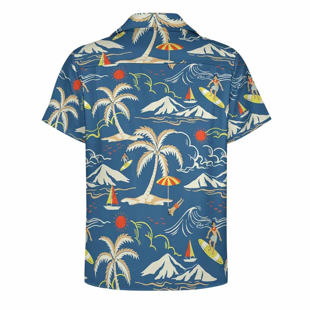 Blue short-sleeve shirt with tropical island, surfers, palm trees, and sailboat print.