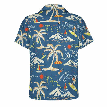 Blue short-sleeve shirt with tropical island, surfers, palm trees, and sailboat print.