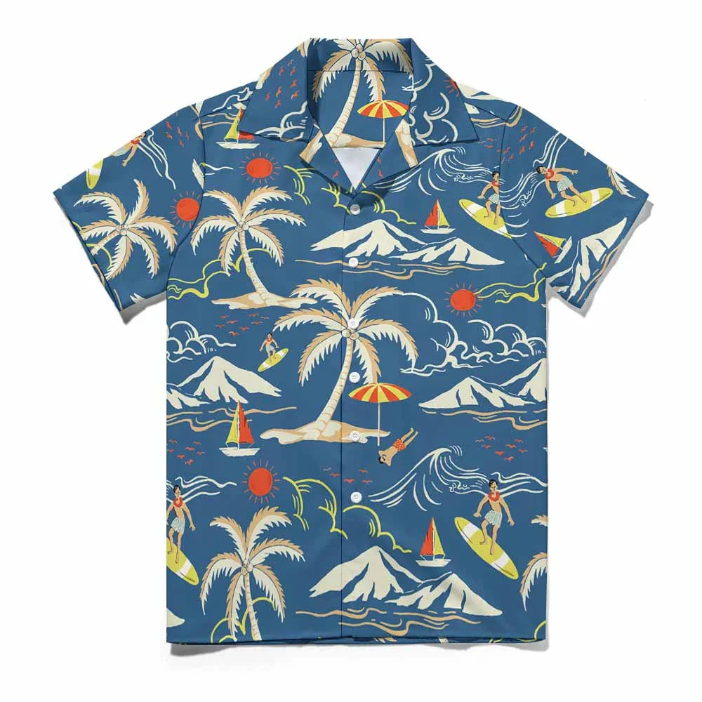 Blue Hawaiian shirt with palm trees, surfers, sailboats, mountains, and red sun design