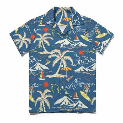 Blue Hawaiian shirt with palm trees, surfers, sailboats, mountains, and red sun design
