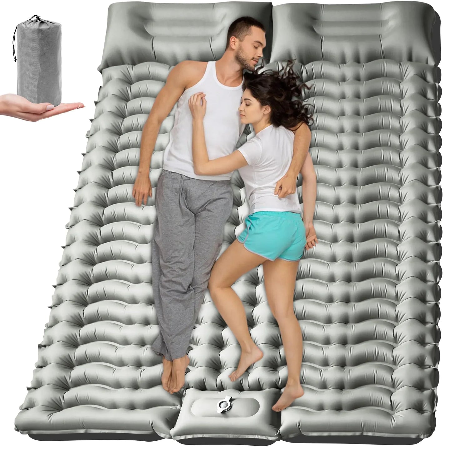 Double Sleeping Pad for Camping Backpacking Air Inflatable 2 Person Sleeping Pad with Pillow Lightweight Self Inflating Camping Pad Built-in Foot Pump for Outdoor Tent 4 inch Thick 78 x 55 inch