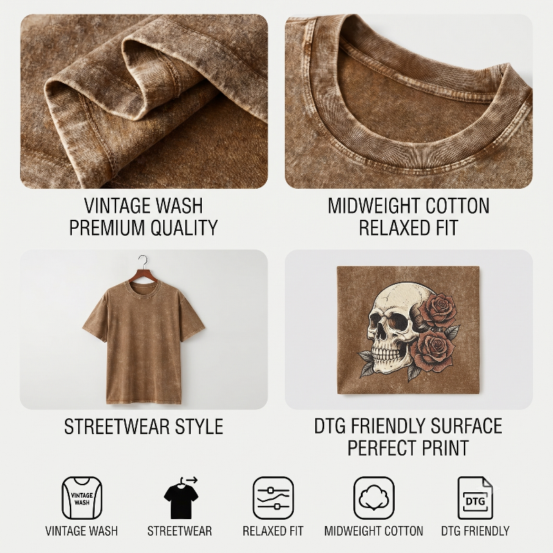 A product feature collage for a brown vintage-wash t-shirt. The image is divided into four quadrants showing close-ups of the fabric texture, the relaxed collar, a streetwear-style t-shirt on a hanger, and a skull with rose graphic printed on the chest.