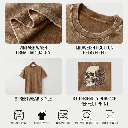 A product feature collage for a brown vintage-wash t-shirt. The image is divided into four quadrants showing close-ups of the fabric texture, the relaxed collar, a streetwear-style t-shirt on a hanger, and a skull with rose graphic printed on the chest.