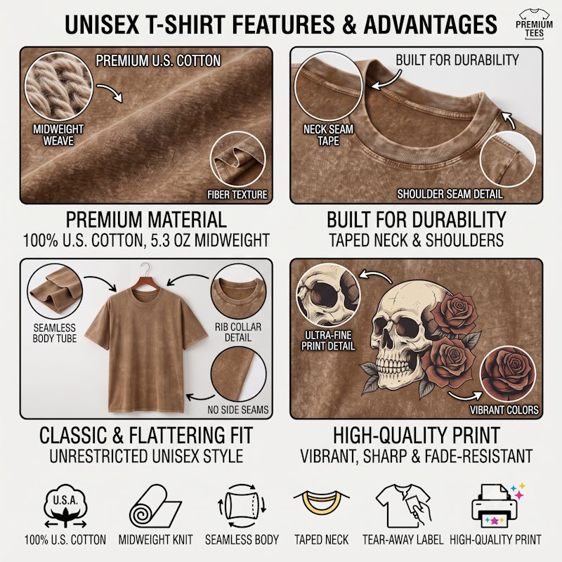 A promotional infographic for a unisex brown cotton T-shirt, showing four feature panels with close-up callouts and icons. The panels highlight premium U.S. cotton, classic fit, durable construction, and high-quality print.