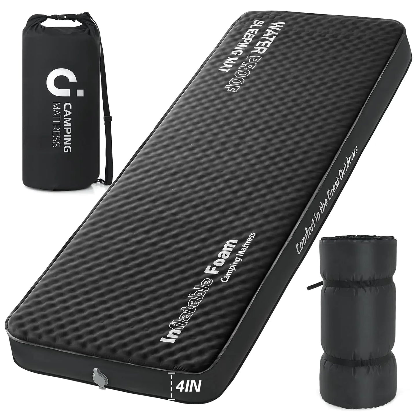Self Inflating Sleeping Pad 4in Ultra-Thick Foam Camping Mattress with Air Pump Sack Small Single Size Sleeping Mats for Adults Inflatable Camping Pad Single Bed Travel Car Tent Home Black7