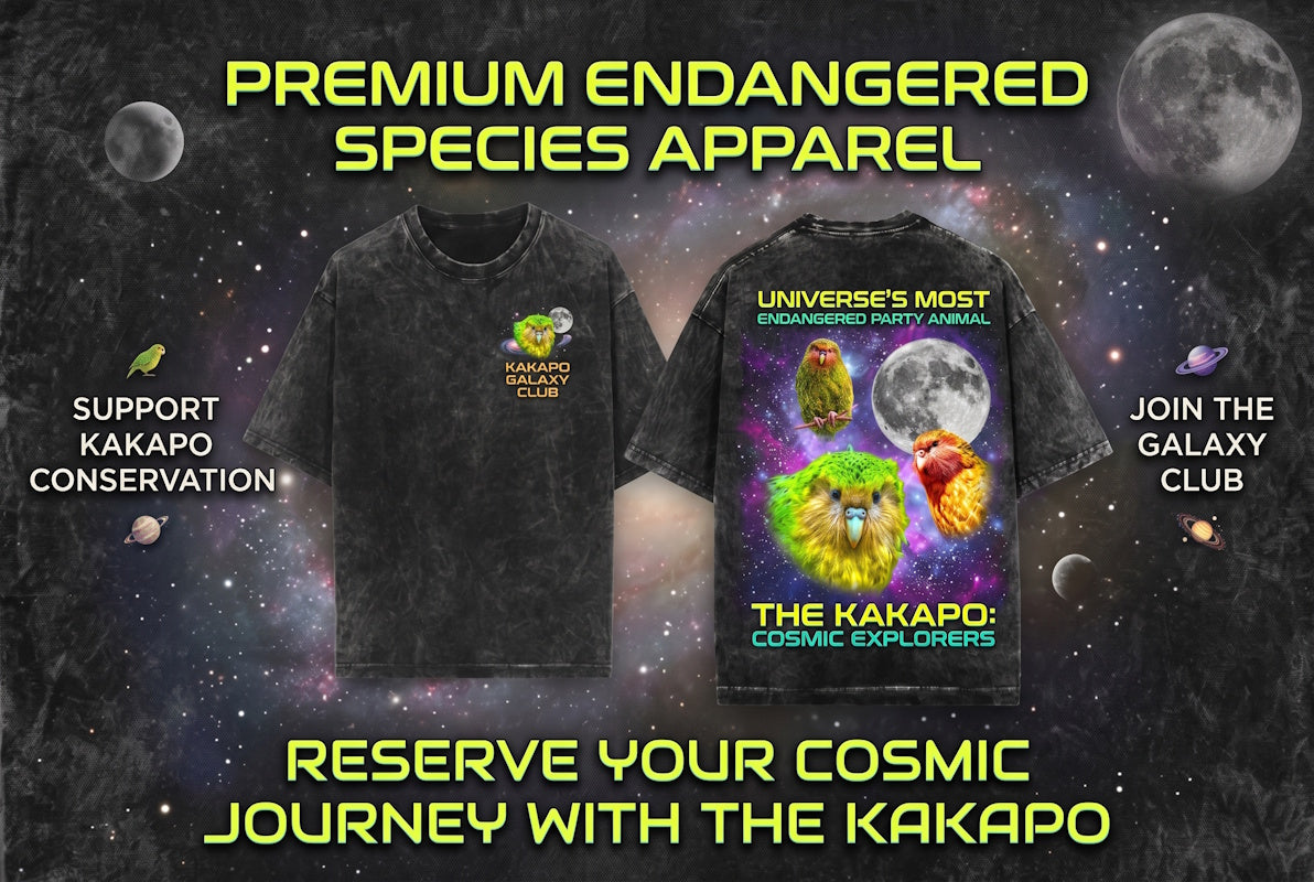 Promotional graphic for 'Premium Endangered Species Apparel' showing two views of a black t-shirt with a colorful cosmic kakapo design. The left view shows the front chest logo, and the right view shows the full back graphic with text including 'UNIVERSE'S MOST ENDANGERED PARTY ANIMAL' and 'THE KAKAPO: COSMIC EXPLORERS'.