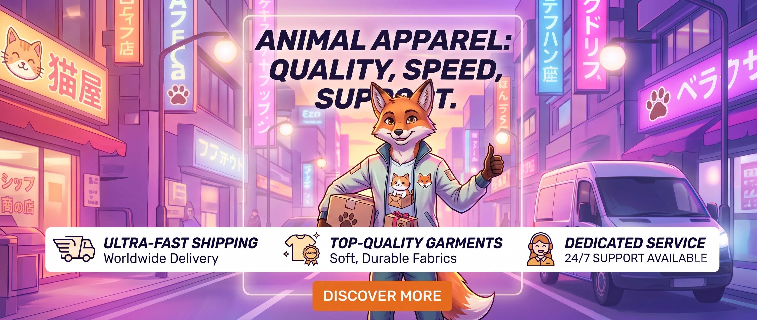 Promotional graphic for 'Animal Apparel' featuring a stylized cartoon fox mascot in a lab coat standing in a neon-lit city street. Large text reads 'ANIMAL APPAREL: QUALITY, SPEED, SUPPORT.