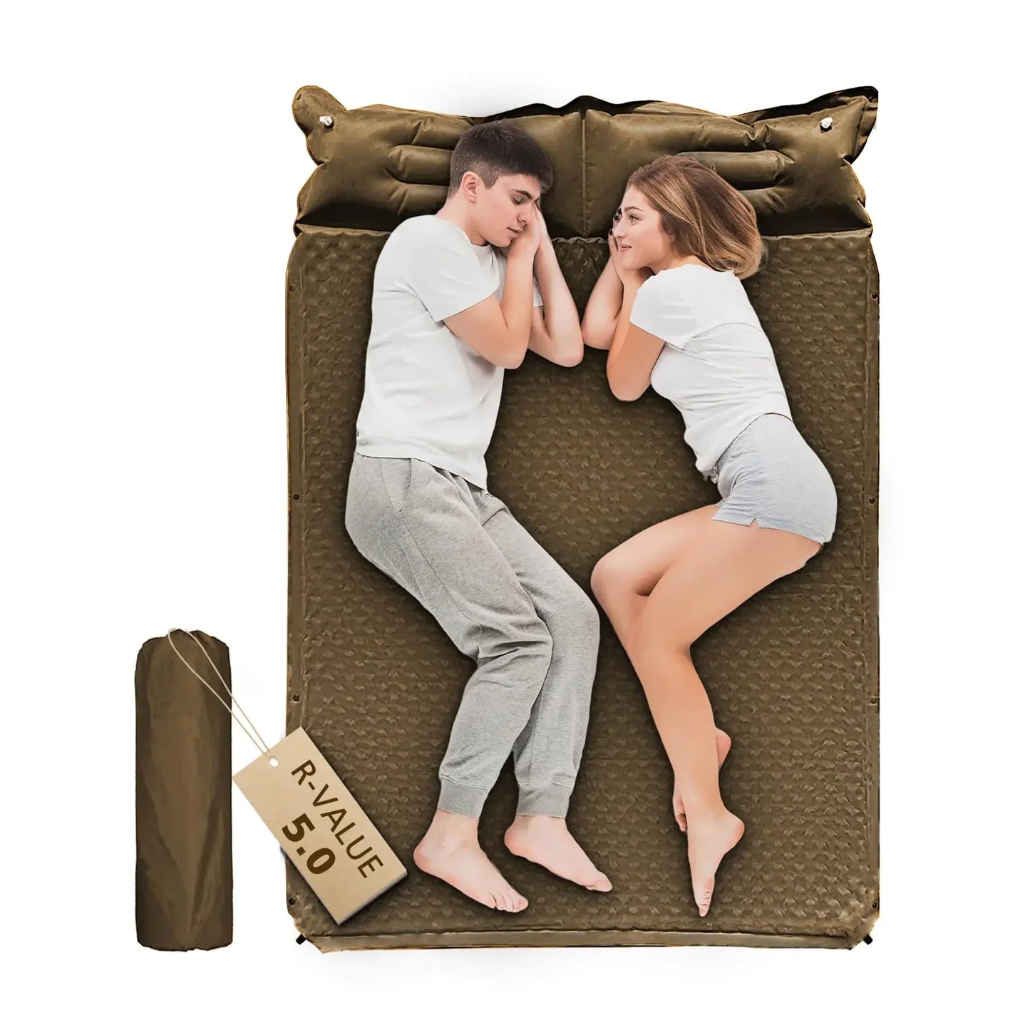 WILD FUN Double Sleeping Pad 2in Camping Mattress 2 Person with Pillow 5R Suede Insulated Self Inflating Camping Pad Air Mattress Inflatable Sleeping Mat for BackpackingHiking(Khaki)
