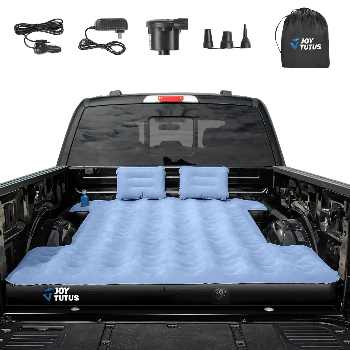 JOYTUTUS Truck Mattress for Camping Air Bed with Inflatable Pillow for 5.5-5.8Ft Full-Size Thicken Sleeping Pad with Cup Holder Blow Up Bed for Car Truck Pickup F150 Grey Blue